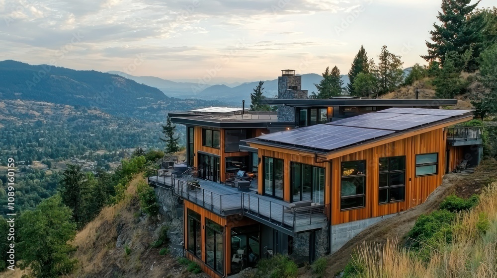 Modern hillside house with solar panels on multiple levels of the roof, featuring panoramic views of the surrounding landscape. Modern hillside house with solar panels on multiple levels of the roof, featuring panoramic views of the surrounding landscape.
