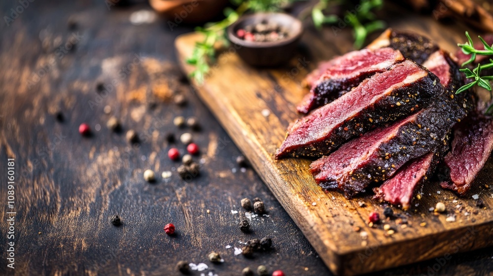 Close-up of Seasoned and Sliced Steak on a Wooden Cutting Board Close-up of Seasoned and Sliced Steak on a Wooden Cutting Board