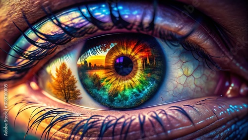Closeup of an Eye with a Digital Reflection: Exploring the Intersection of Nature and Technology in a Stunning Macro Image Capturing Intricate Details and Vibrant Colors