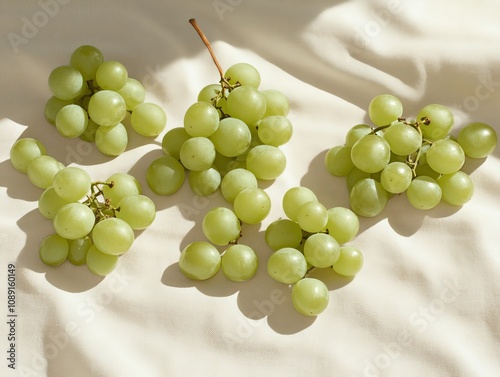 Shine Muscat grapes scattered across linen cloth, interplay of sunlight and deep shadow pockets, Photorealistic photo