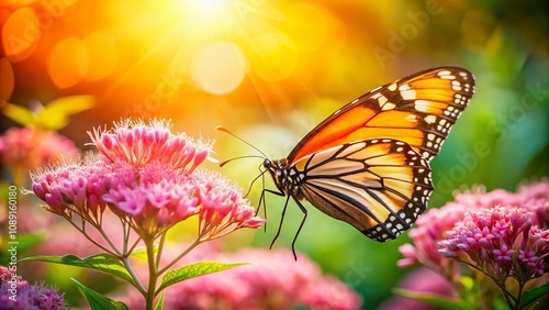 Closeup of an Orange Butterfly Feeding on Pink Flowers Under Sunlight in a Natural Green Summer Background with Ample Copy Space for Text