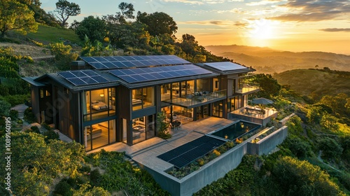 Modern hillside house with solar panels on multiple levels of the roof, featuring panoramic views of the surrounding landscape.