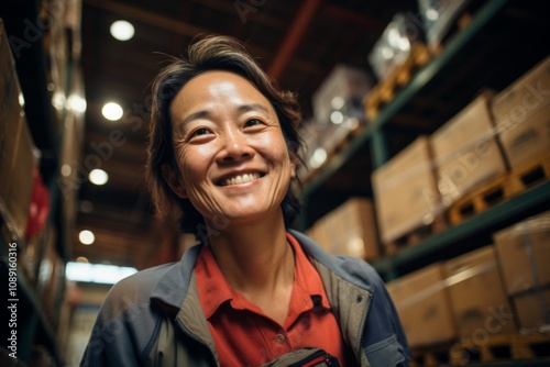 Portrait of a joyful middle aged female warehouse worker