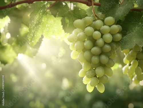 Shine Muscat grape vine with morning dew, sunbeams scattering light, shadowed leaves nearby, Photorealistic photo