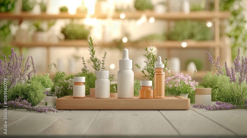 Skincare bottles with matte finishes displayed on a wooden tray surrounded by lavender and rose petals warm light setting calming ambiance no logo, Photorealistic Skincare bottles with matte finishes displayed on a wooden tray surrounded by lavender and rose petals warm light setting calming ambiance no logo, Photorealistic