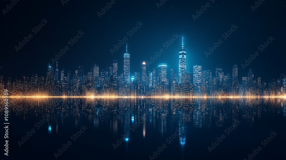 Nightfall Skyline: Futuristic Cityscape Reflection Nightfall Skyline: Futuristic Cityscape Reflection