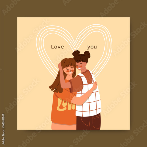 Valentine's Day Greeting Card with a romantic couple in love. Vector.