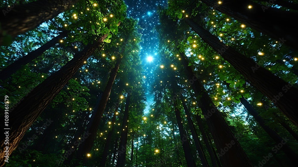 Fototapeta premium Enchanted Forest at Night Magical Tree Lights Stars