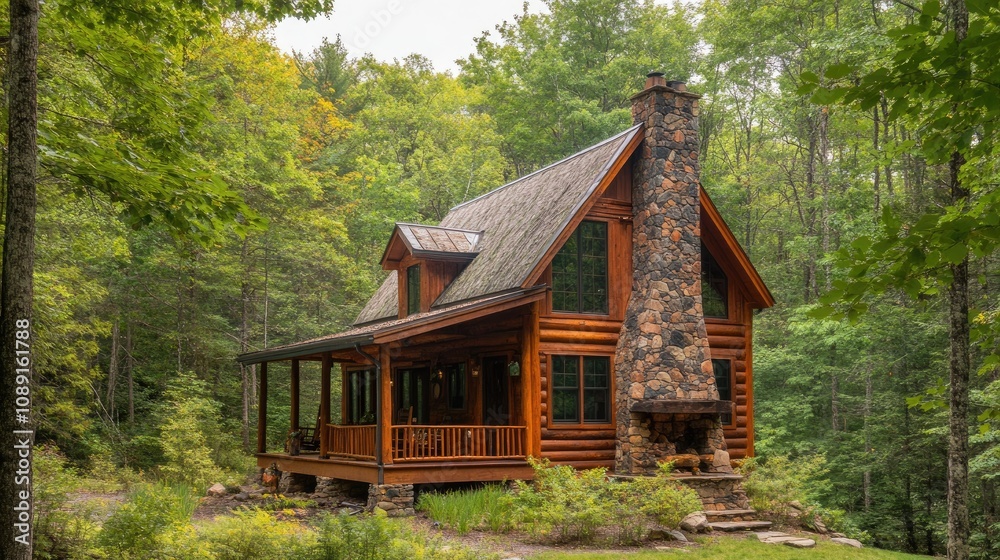 Rustic wooden cabin with a stone chimney, nestled in a dense forest Rustic wooden cabin with a stone chimney, nestled in a dense forest