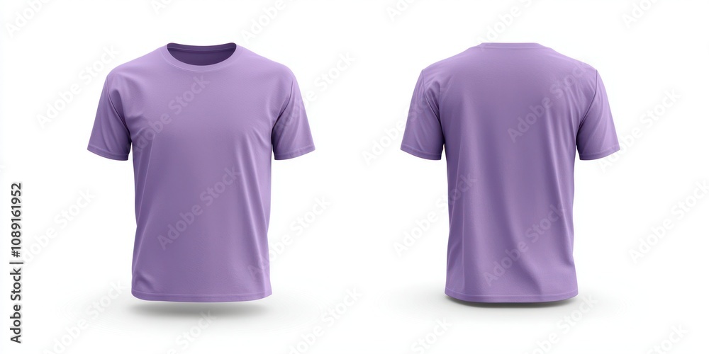 Purple unisex T-shirt with round neck, front and back view, on a clean white background. Purple unisex T-shirt with round neck, front and back view, on a clean white background.