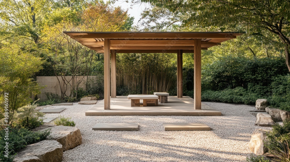 Minimalist gazebo with clean lines and light wood, surrounded by gravel landscaping, modern garden Minimalist gazebo with clean lines and light wood, surrounded by gravel landscaping, modern garden
