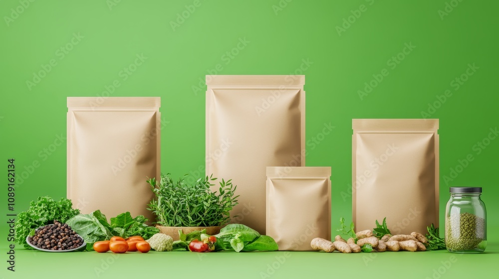 Eco packaging for product show compostable bags for bulk food, made with breathable plant-based films for fresh storage and minimal waste, Photorealistic Eco packaging for product show compostable bags for bulk food, made with breathable plant-based films for fresh storage and minimal waste, Photorealistic