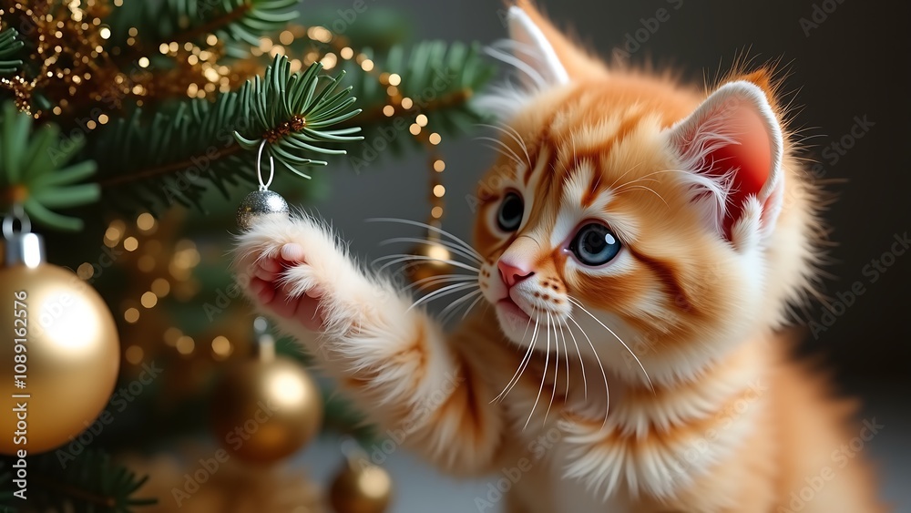 Fototapeta premium A cat is playing with a gold ornament on a Christmas tree