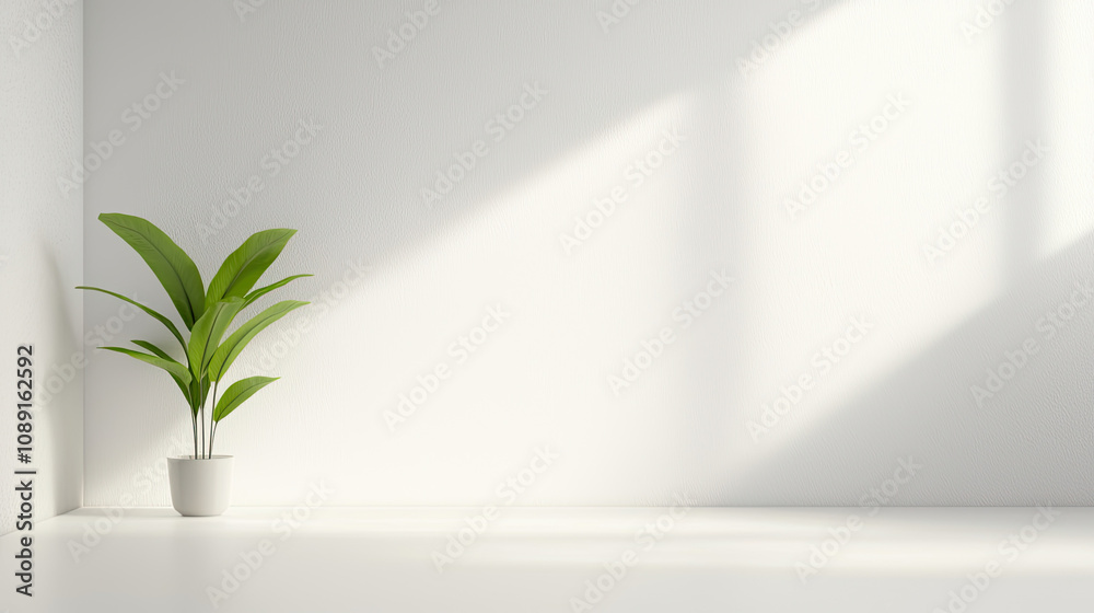Fresh green plant in minimalist room with soft light and shadows