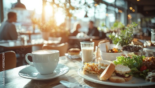 A cozy breakfast scene featuring a cup of coffee, a plate of fresh food, and warm sunlight streaming through a cafe window.