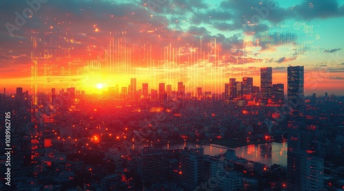 Vibrant sunset over a modern cityscape with digital data streams.