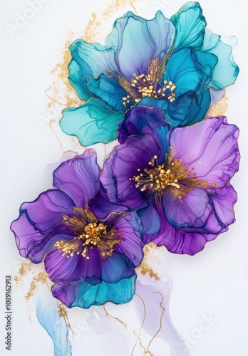 Alcohol ink with gold leafing, purple and teal tones, floral design, white background. 