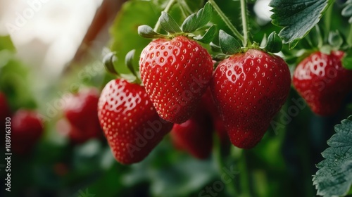 Fresh and Juicy Strawberries Hanging on the Vine in a Lush Green Field, Capturing the Essence of Summer and Bountiful Harvests in a Vibrant and Natural Setting