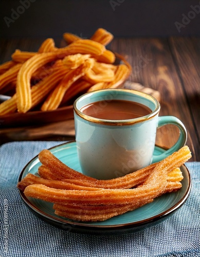 Delicioso desayuno de chocolate caliente a la taza y churros. Tradicional de España photo