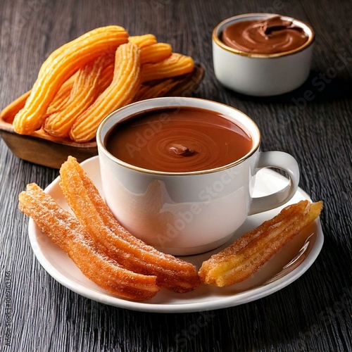 Delicioso desayuno de chocolate caliente a la taza y churros. Tradicional de España photo