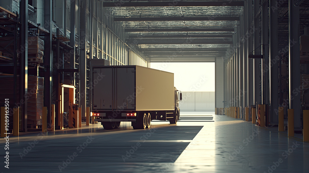 truck leaving warehouse in spacious industrial setting truck leaving warehouse in spacious industrial setting