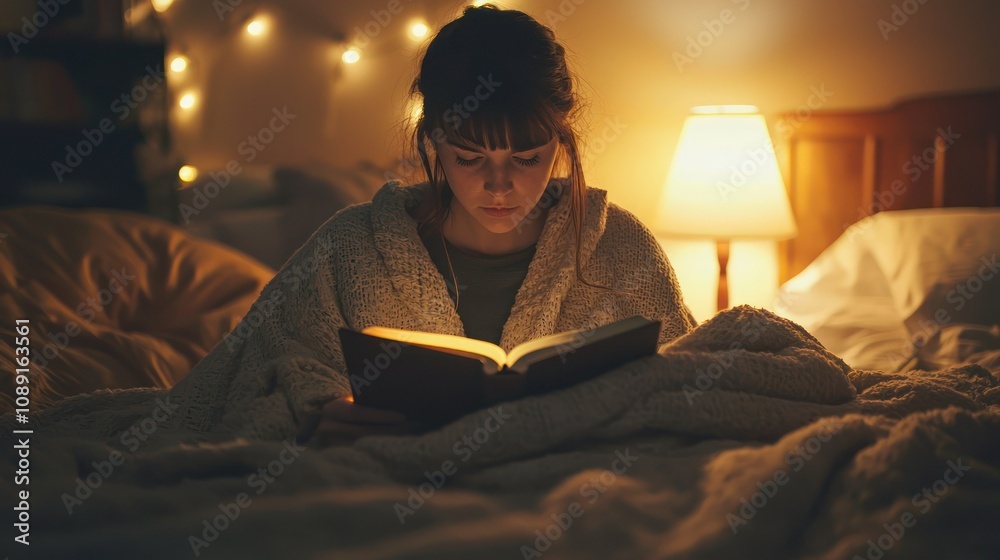 Woman sitting in bed, wrapped in a blanket, focusing on reading her Bible under soft lamp light. Woman sitting in bed, wrapped in a blanket, focusing on reading her Bible under soft lamp light.