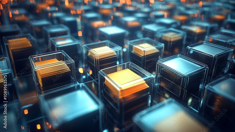 Fototapeta premium Futuristic grid of transparent plastic boxes filled with orange and yellow folders in a cityscape background.