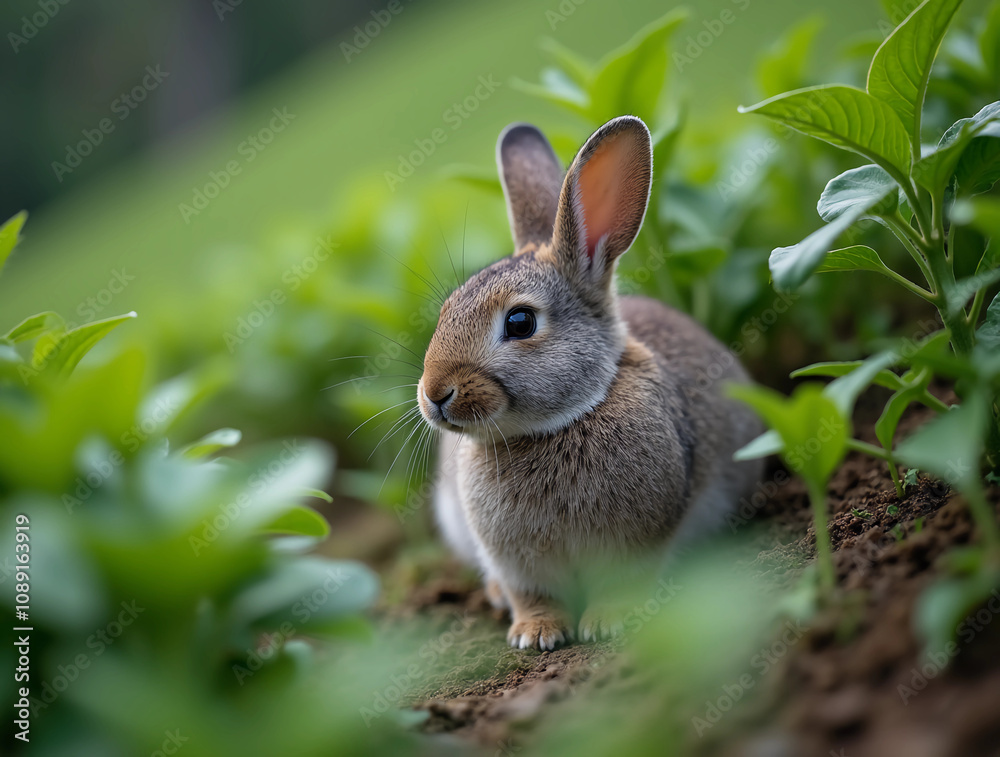Fototapeta premium Adorable baby rabbit bunny eating vegetable sitting on green grass spring time over bokeh nature background. Cuddly furry white brown rabbit eat fresh vegetable at outdoor. Easter animal concept.