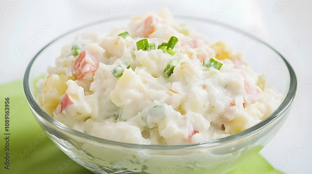 Fresh and creamy potato salad topped with diced vegetables and green onions. Fresh and creamy potato salad topped with diced vegetables and green onions.