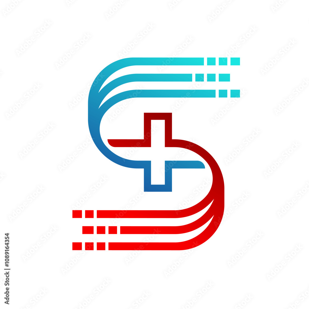 Letter S logo with a plus sign. Medical health care logo with initial S. technology friendly design with tech lines and dots. Good as a symbol or graphic element as a background of healthcare designs Letter S logo with a plus sign. Medical health care logo with initial S. technology friendly design with tech lines and dots. Good as a symbol or graphic element as a background of healthcare designs