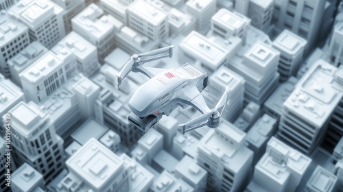 A drone flying over a stylized cityscape, showcasing technology and urban design.