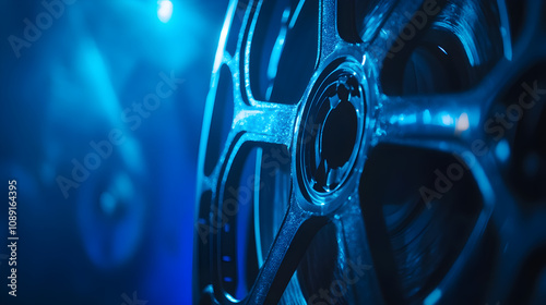 Film reel with blue lighting, showcasing entertainment industry photo