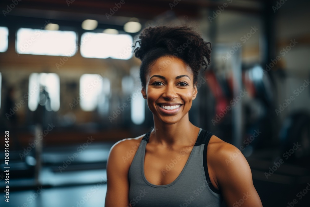 Smiling portrait of a young African American female fitness trainer in gym Smiling portrait of a young African American female fitness trainer in gym