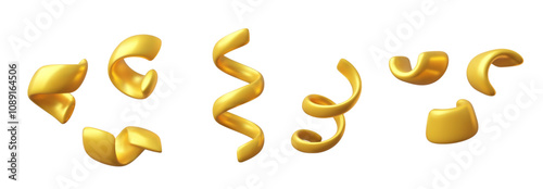 3D vector illustration set with gold ribbons and plasticine spirals on a white background