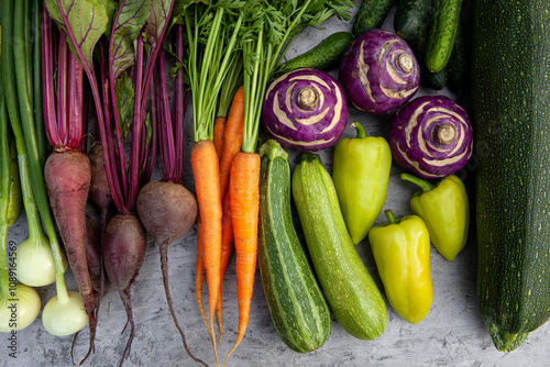 Top view of fresh vegetables - carrots, beets, zucchini, peppers, cucumbers, onions and kohlrabi cabbage - for health and cooking, wellness and nutrition. Vegan or vegetarian meal prep. Vegetables photo