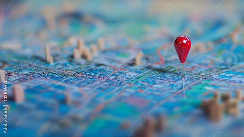 Close-up of a map with a red pin marking a location. Close-up of a map with a red pin marking a location.