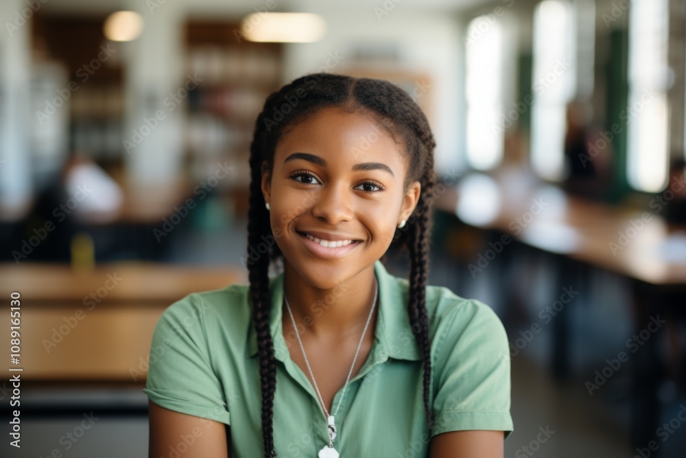 Fototapeta premium Smiling portrait of a young female African American student