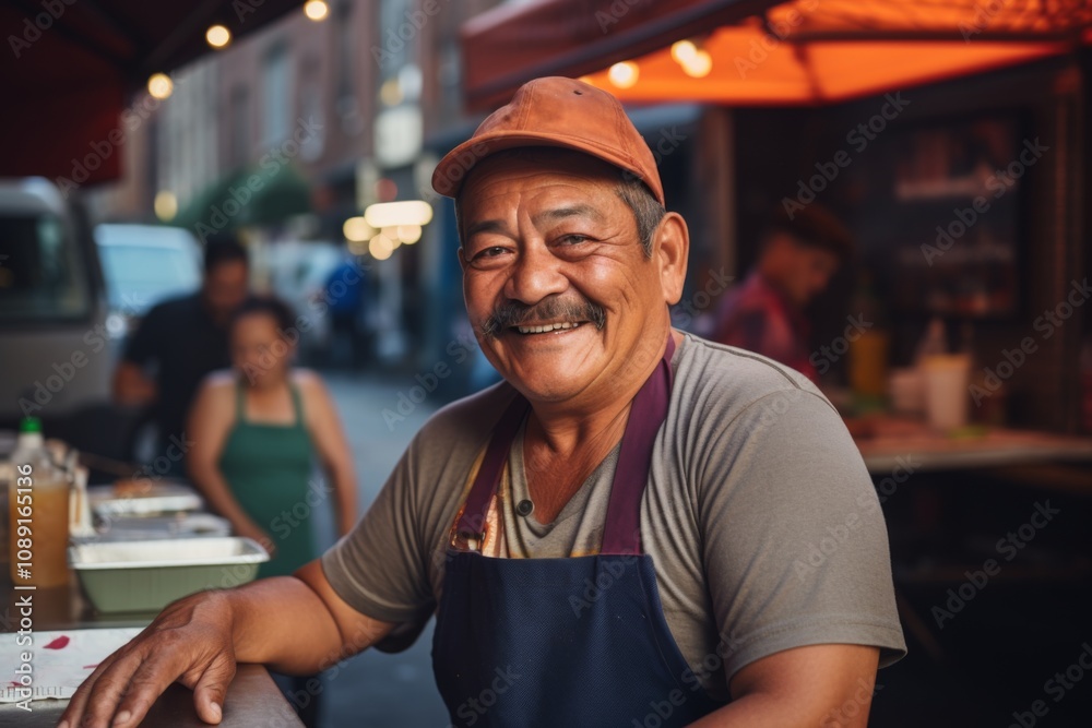 Smiling portrait of a middle aged Mexican man working at food truck Smiling portrait of a middle aged Mexican man working at food truck