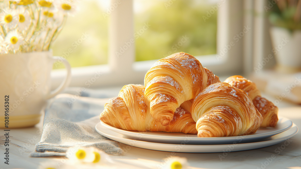 Freshly baked croissants on plate, perfect for sunny morning Freshly baked croissants on plate, perfect for sunny morning