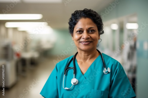 Smiling portrait of a middle aged female Indian nurse in hospital