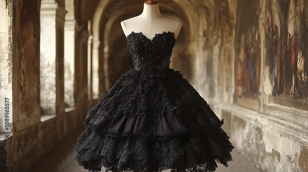 Elegant Black Lace Dress on Mannequin in Historic Setting Elegant Black Lace Dress on Mannequin in Historic Setting