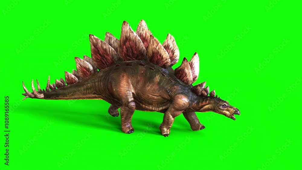 3d illustration of Stegosaurus, was a thyreophoran dinosaur. An herbivore, it is one of the best known dinosaurs of the Jurassic period. Animation of Stegosaurus on green background.