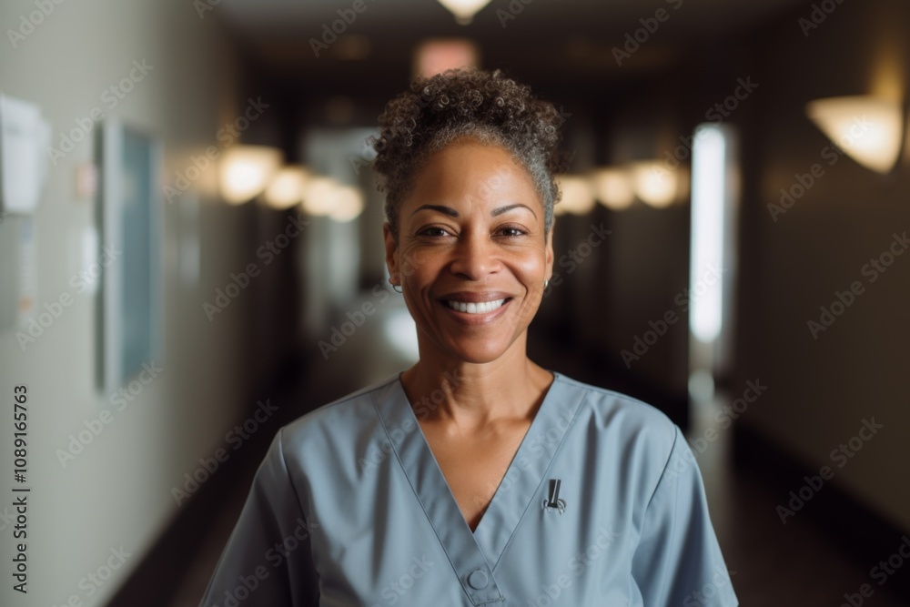 Portrait of a middle aged African American female hotel staff member in elegant hotel hallway Portrait of a middle aged African American female hotel staff member in elegant hotel hallway