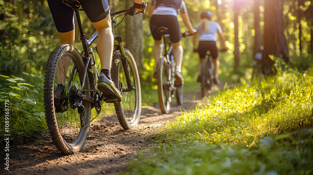 Fototapeta premium Group of cyclists riding mountain bikes on dirt trail in forest