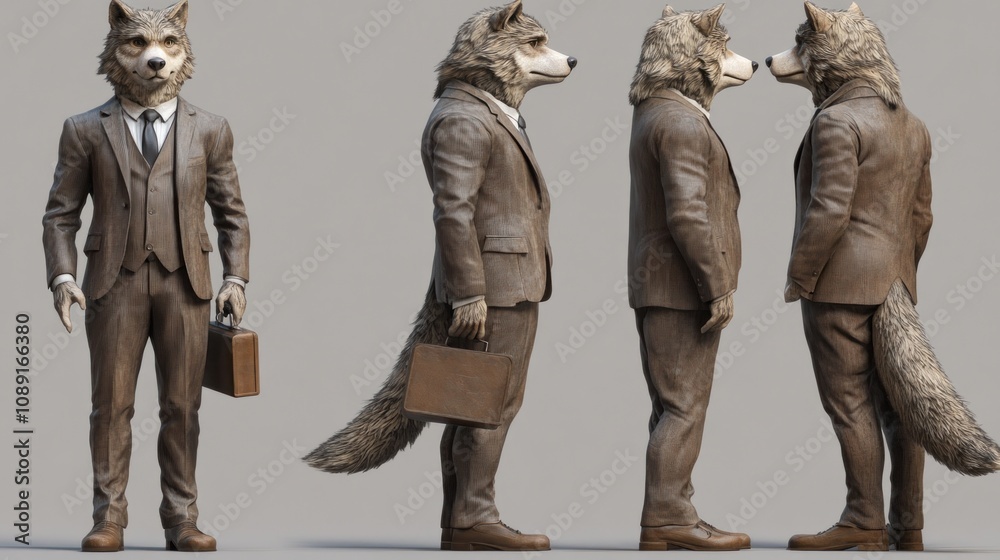 A stylized wolf character in a business suit, holding a briefcase, showcasing a unique design. A stylized wolf character in a business suit, holding a briefcase, showcasing a unique design.