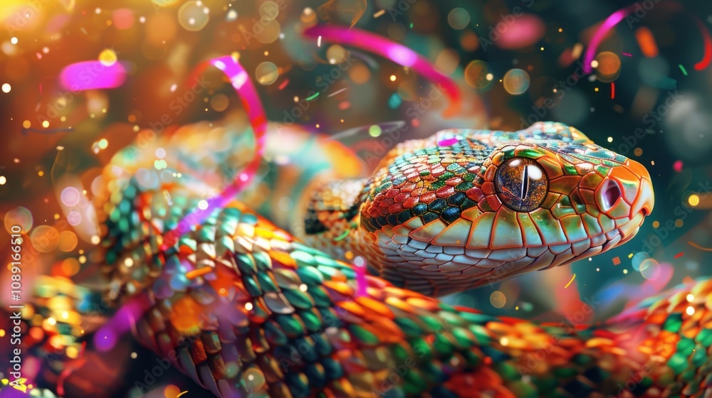 A vibrant, colorful snake with iridescent scales surrounded by confetti and streamers.
