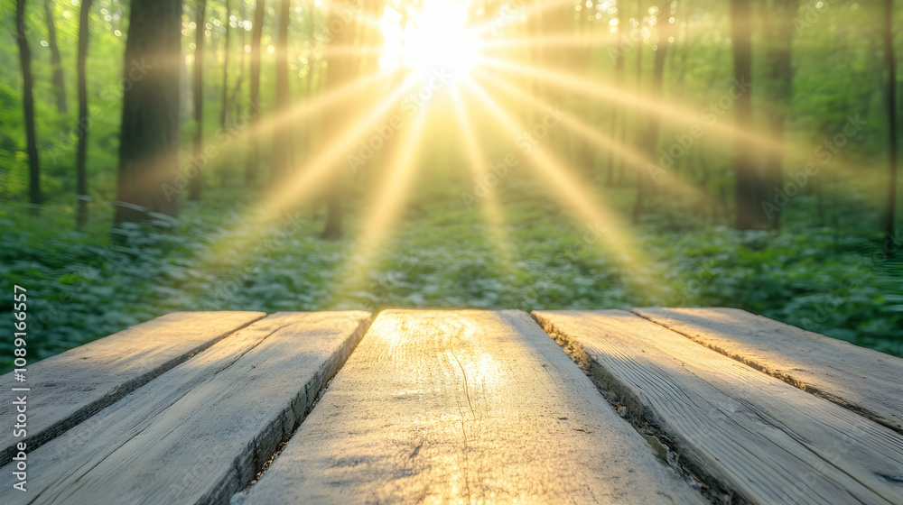 Sunbeams illuminate a rustic wooden table in a tranquil forest setting, creating a serene and peaceful atmosphere. Perfect for product displays or nature-themed designs. Sunbeams illuminate a rustic wooden table in a tranquil forest setting, creating a serene and peaceful atmosphere. Perfect for product displays or nature-themed designs.