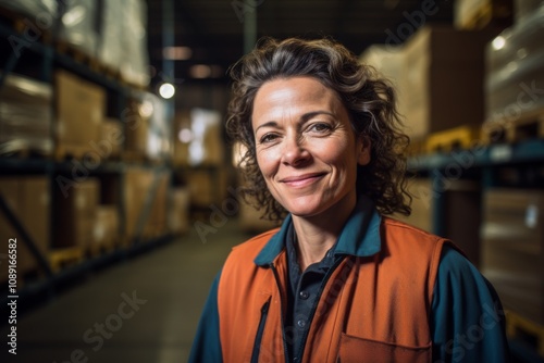 Portrait of a joyful middle aged female warehouse worker