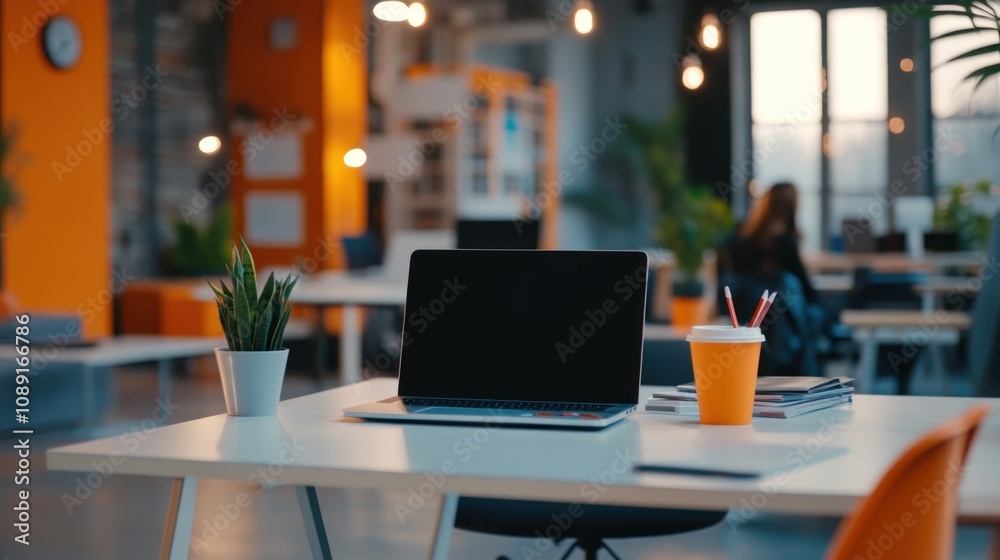A modern workspace featuring a laptop, plants, and stationery in a vibrant environment. A modern workspace featuring a laptop, plants, and stationery in a vibrant environment.