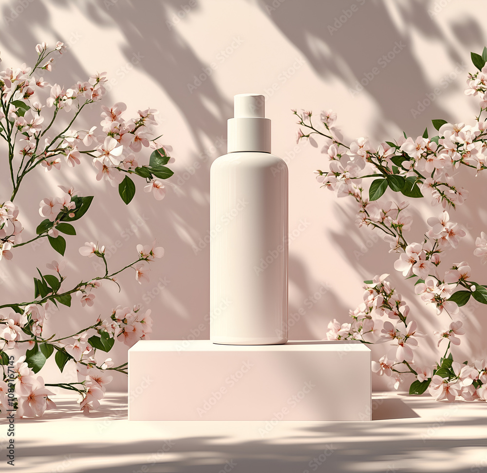mockup of an elegant white shampoo bottle, placed on a minimalist white podium with soft shadows and delicate flowers for contrast against the solid pastel background. mockup of an elegant white shampoo bottle, placed on a minimalist white podium with soft shadows and delicate flowers for contrast against the solid pastel background.